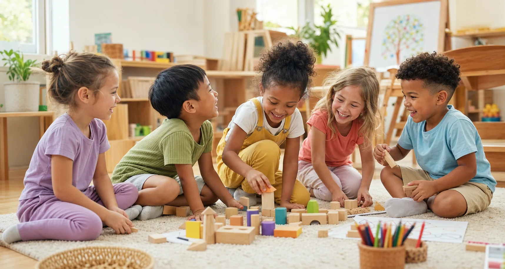 A diverse group of young children laughing and building together in a bright classroom